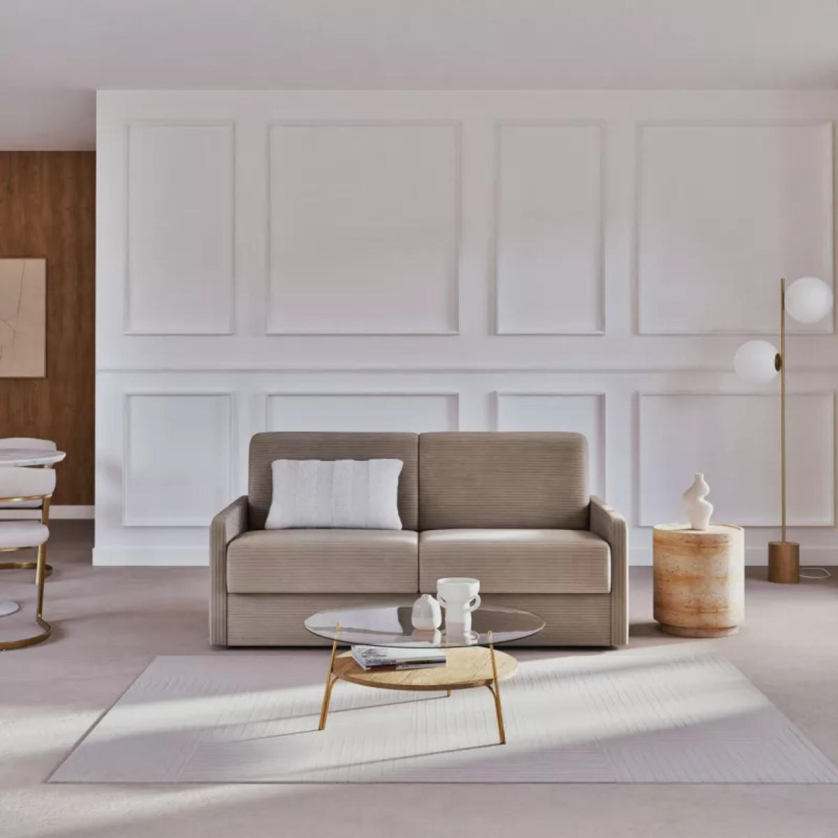 SOFA 3 sitzer aus elfenbeinfarbenem Cord umbaubar giulia 175/100/87 cm - Weiß, Holz (100/87/175cm) - Calicosy