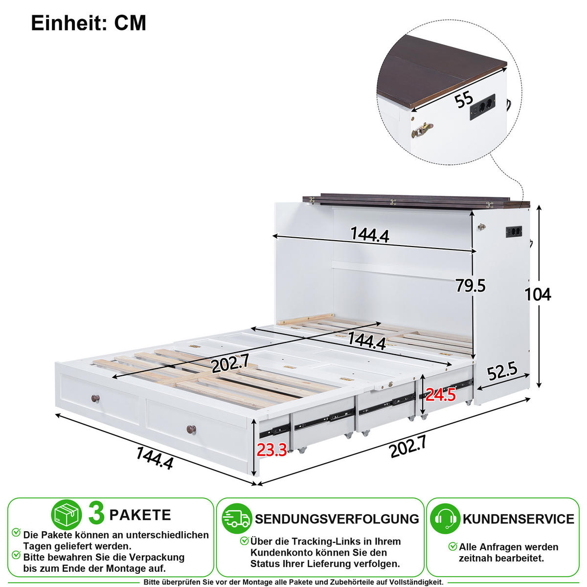 SCHRANKBETT 140/200 cm in Weiß mit Schublade, Regal und USB - Weiß, Holz/Holzwerkstoff (140/200cm) - CHICFURN