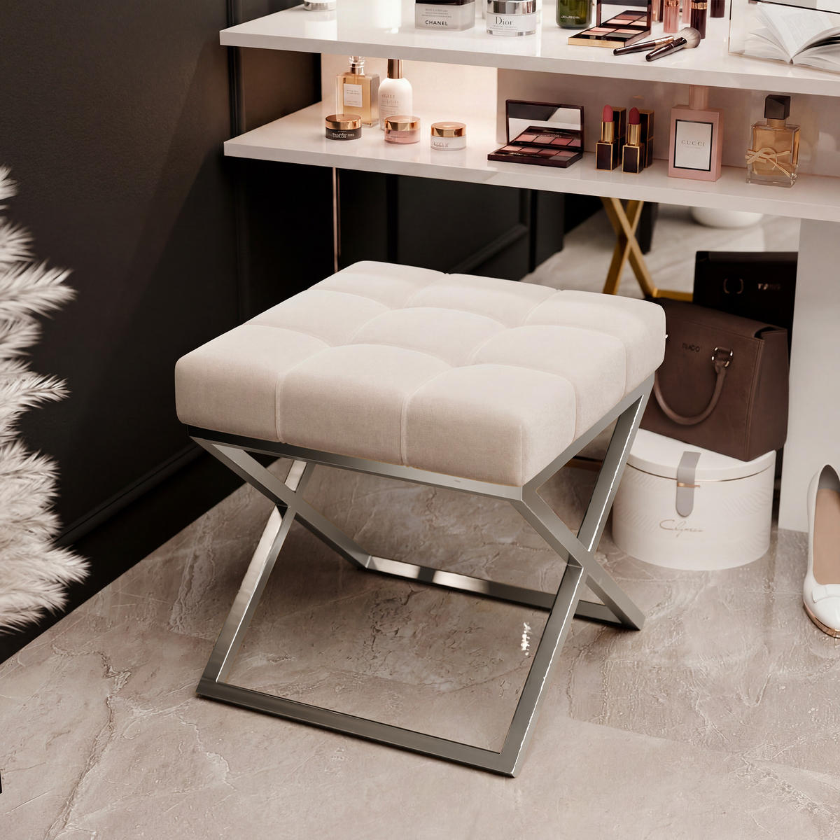 HOCKER LIND 45/45/45 cm, Chrom / Beige - Chromfarben/Beige, Textil/Metall (45/45/45cm) - Idohome