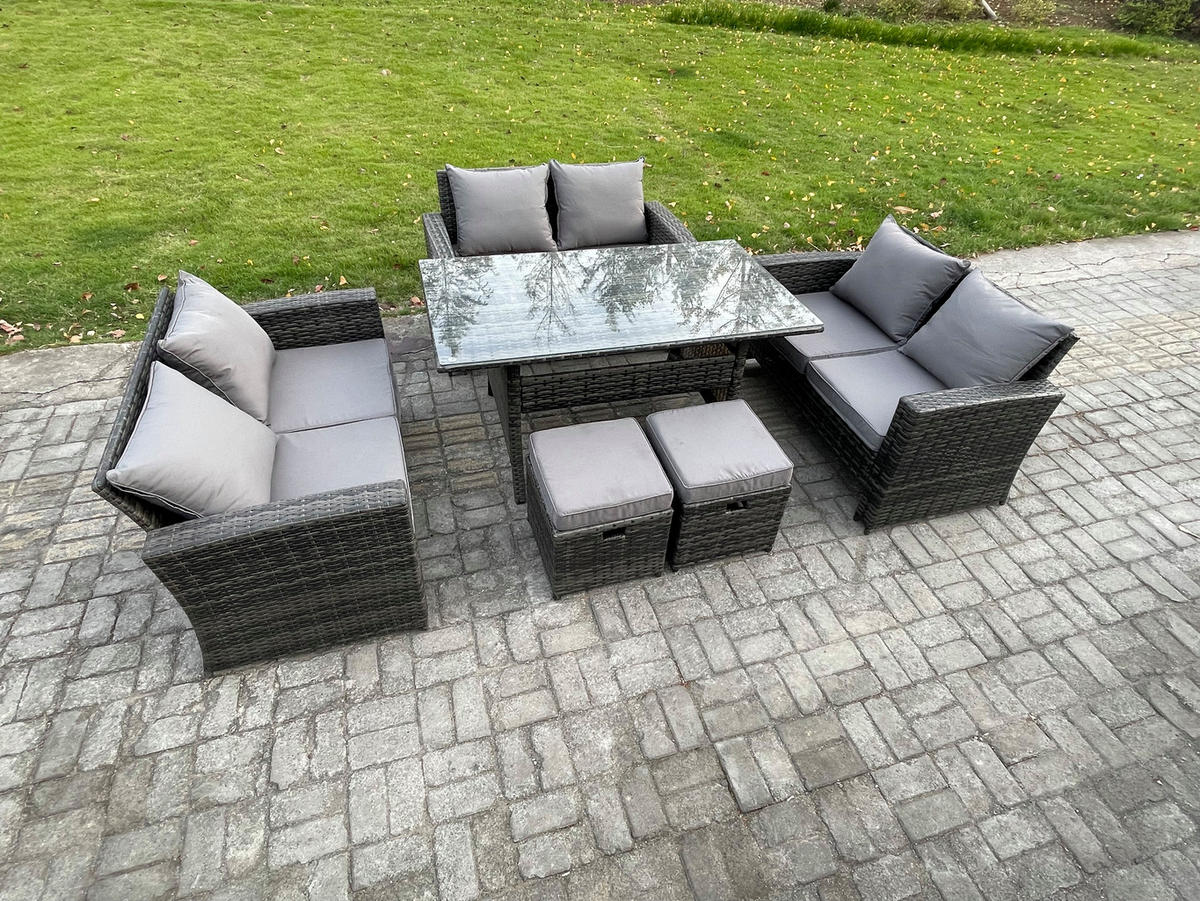 GARTENMÖBELSET mit Zweisitzer,2 Hockern,Esstisch Polyrattan Dunkelgrau 8-Sitzer - Dunkelgrau/Grau, Glas/Kunststoff - Fimous