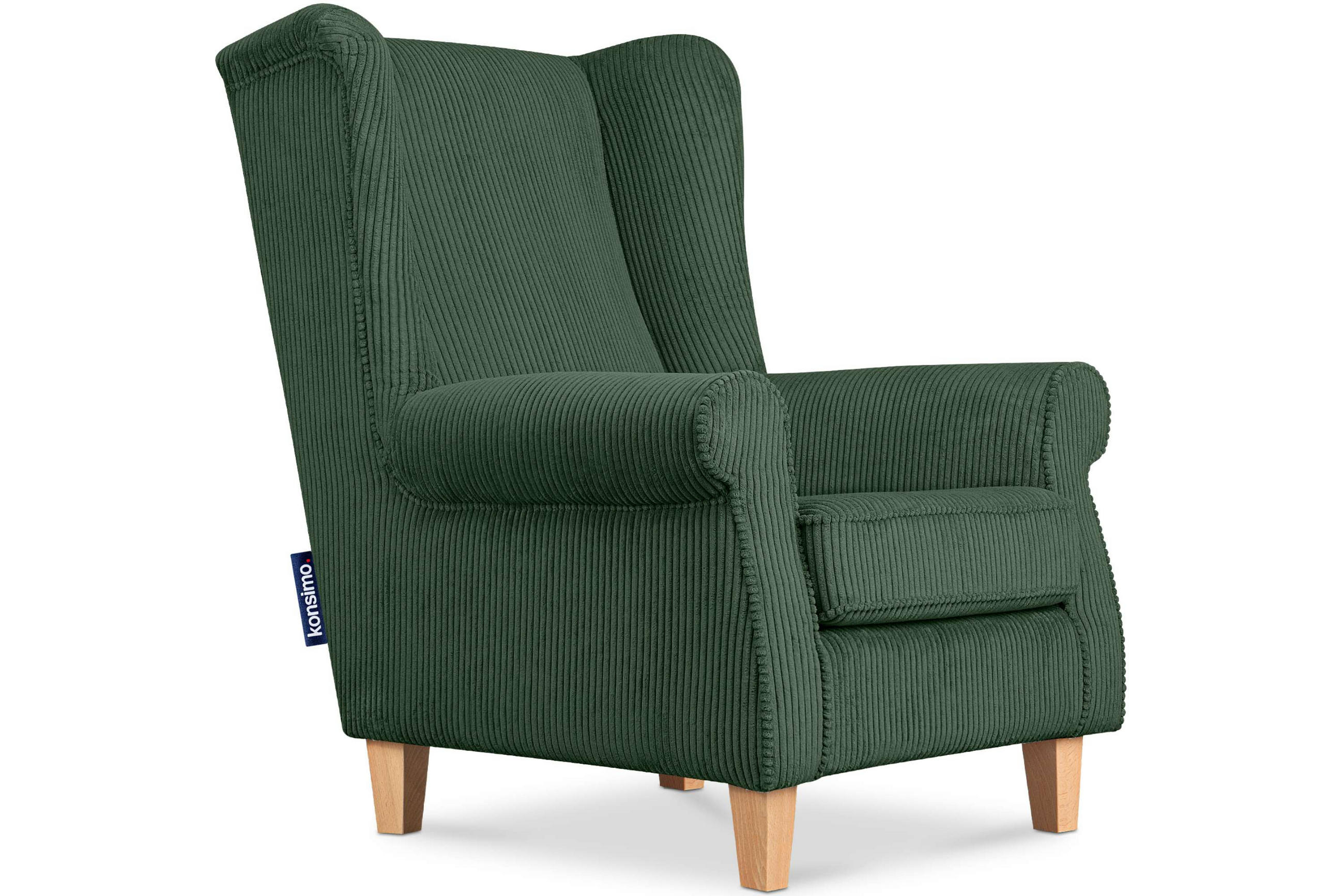 OHRENSESSEL MILES Kord-Bezug Petfriendly, dunkelgrün - Dunkelgrün, Holzwerkstoff/Buchenholz (82/105/97cm) - KONSIMO®