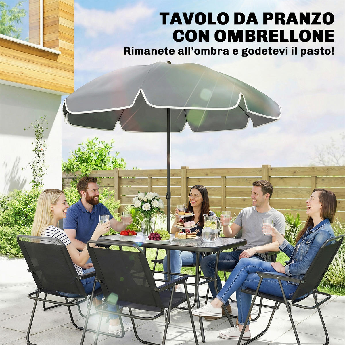 GARTEN-SET 8-teilig,Sonnenschirm+6 Klappstühle+Glastisch,schwarz - Schwarz, Metall - Vallsero