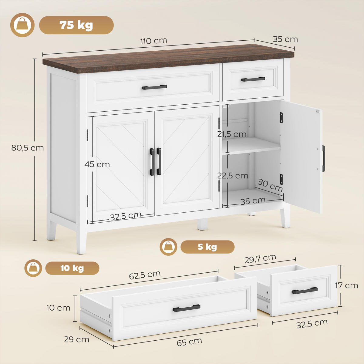 SIDEBOARD Weiß/Braun, 3 Türen, 2 Schubladen, 110/35/80,5 cm - Weiß, Holz (110/80.5/35cm) - PANGIVO