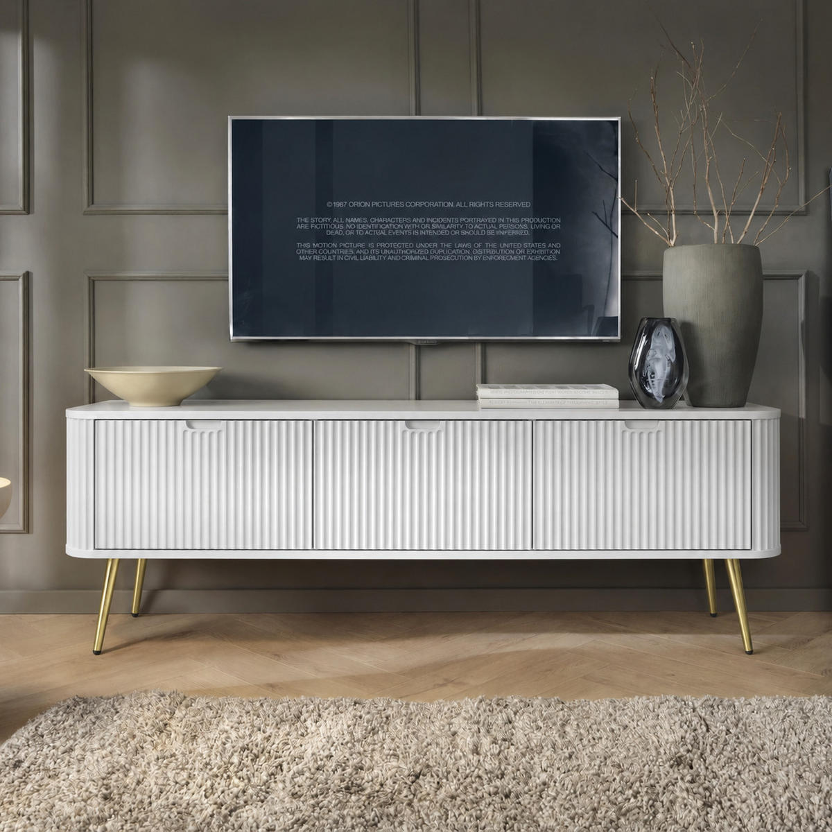 TV-BOARD PORTO (Oval, Rillenfront, Weiß Matt, Goldene Füße) - Goldfarben/Weiß, Holz/Holzwerkstoff (168/56/39cm) - Ravio