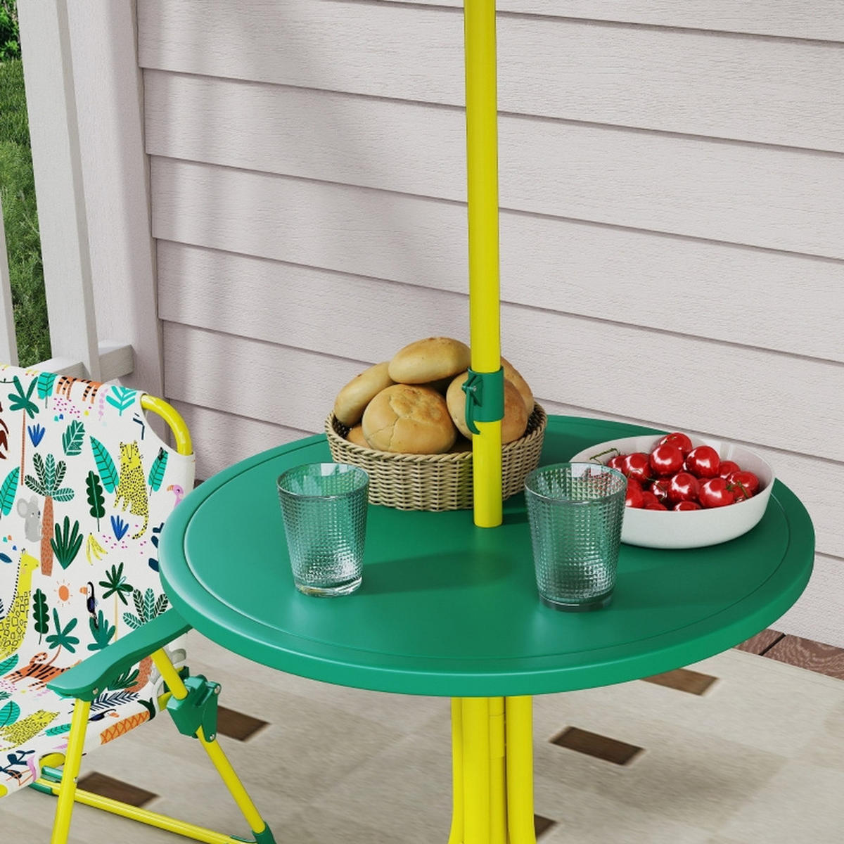 KINDER-GARTENMÖBEL 4 tlg KindersitzgruppeOutdoor 49,5x49,5x50cm Mit Sonnenschirm - Grün, Textil - Raelunyi