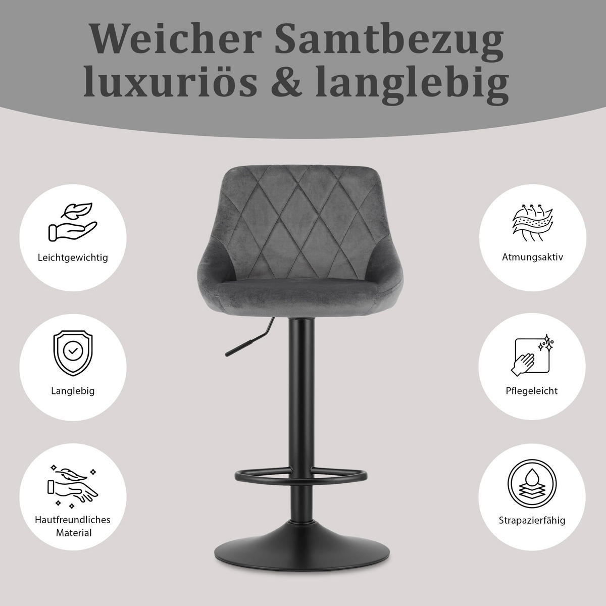 BARHOCKER, drehbar, HÖHENVERSTELLBAR, Velours, in Grau, Modernes Design - Schwarz, Textil (36/107/38cm) - Best For Home