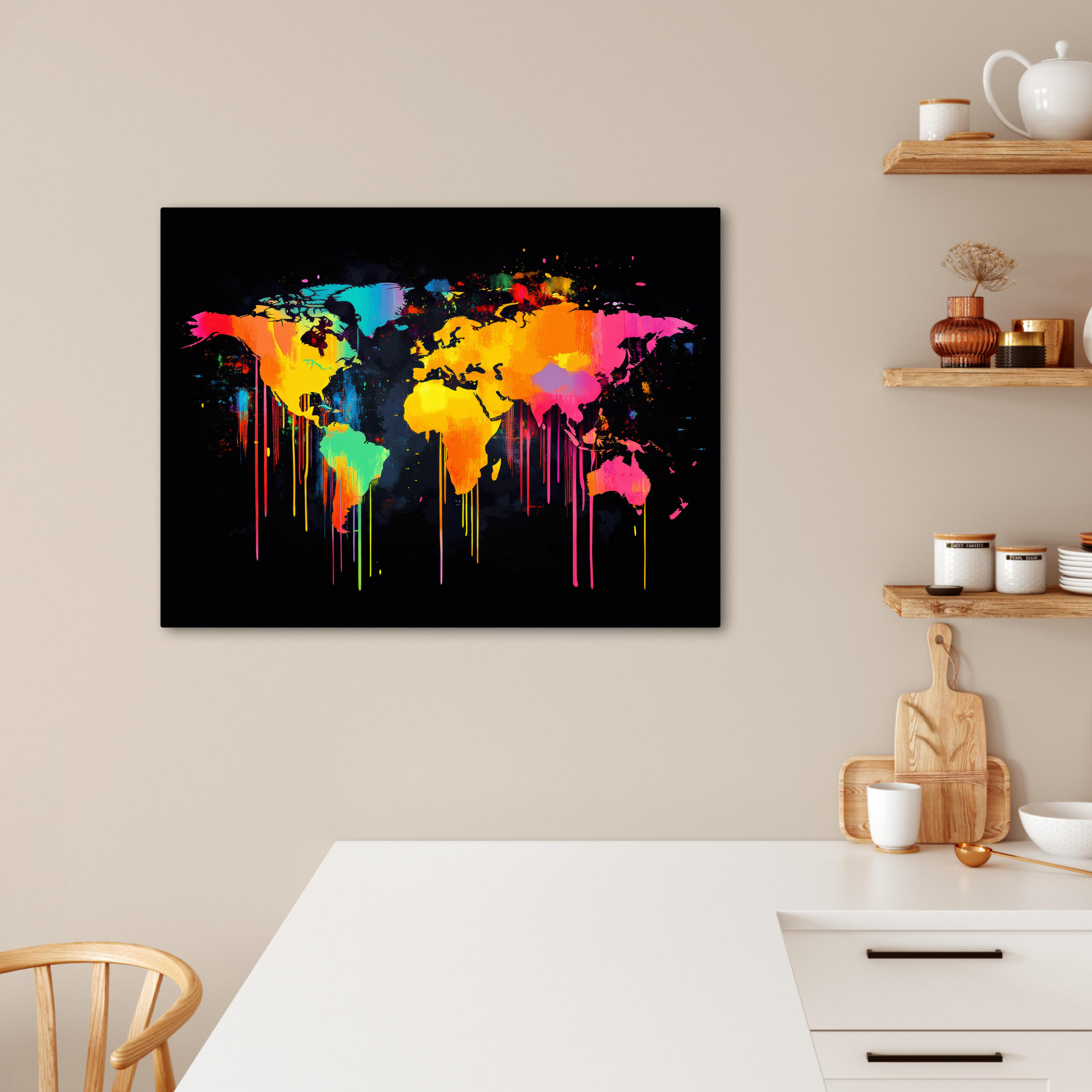 LEINWANDBILD Weltkarte - Farbe - Bunt - Graffiti - Welt Wandbilder 80x60 cm - Multicolor, Textil (80/60cm) - MuchoWow