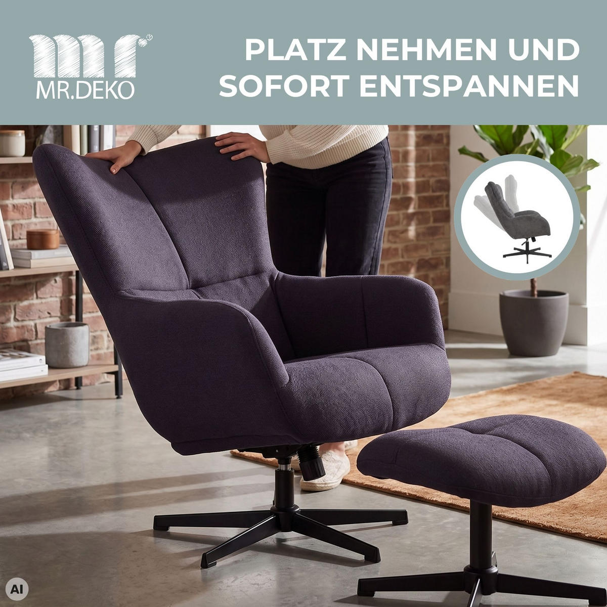 OHRENSESSEL Sava inkl. Fußhocker - Blau/Schwarz, Textil/Metall (74/104/86cm) - Mr. Deko