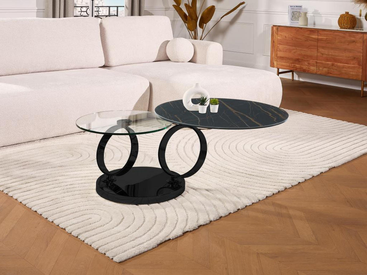 COUCHTISCH mit drehbaren Tischplatten - Keramik & Glas - Schwarz mit Marmor-Effekt - JOLINE - Schwarz, Stein (131.5/80/42cm) - Vente-Unique
