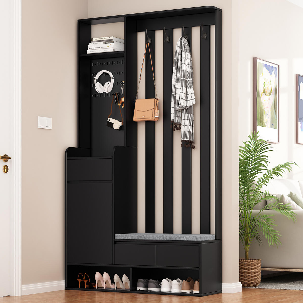 FLURGARDEROBE 100/35/180 cm aus MDF mit Sitzbank und Stecktafel Schwarz - Schwarz, Holzwerkstoff (100/180/35cm) - Modenvie