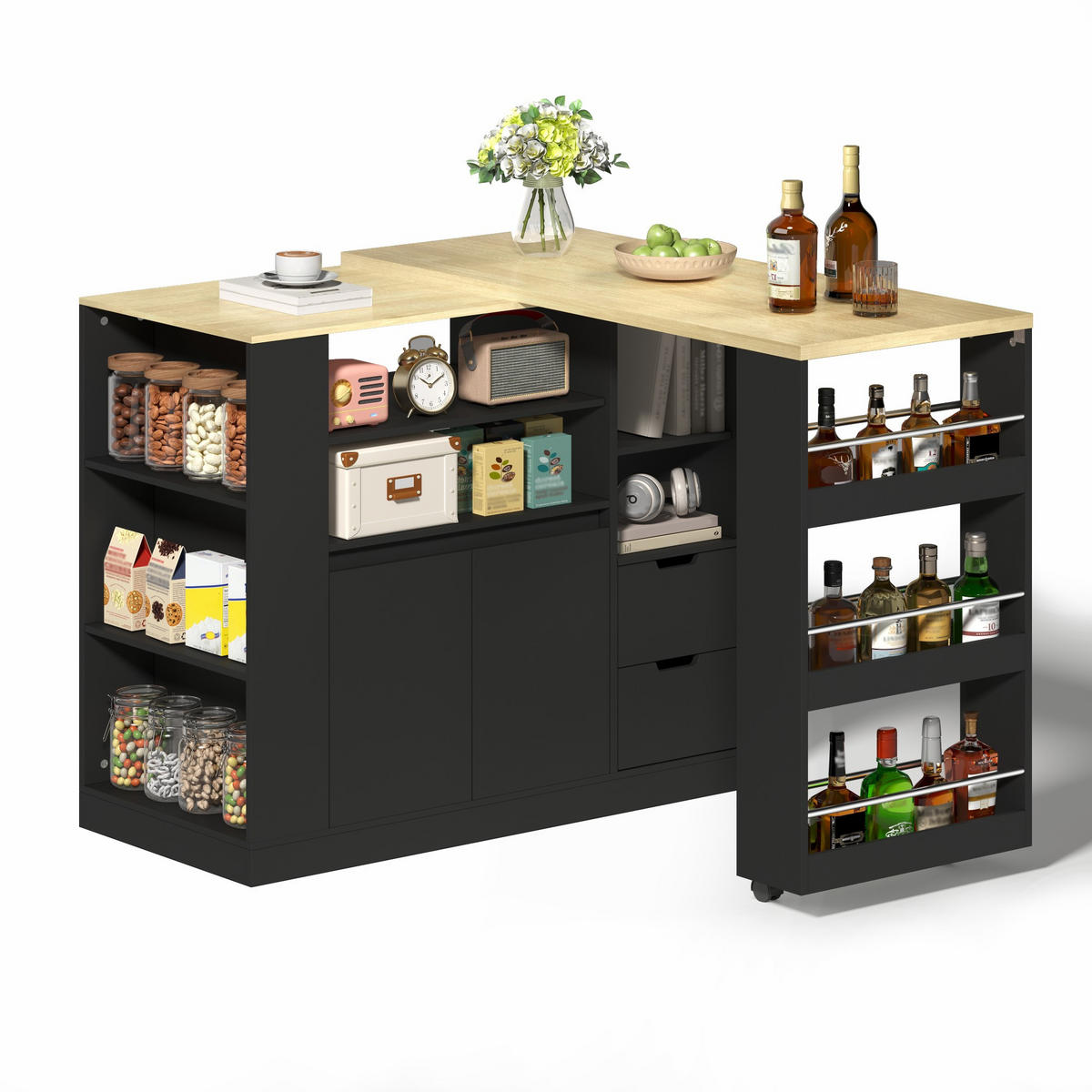 KÜCHENINSEL 115x50x92cm Schwarz mit drehbarer Ausziehplatte & Gewürzregal - Schwarz, Holzwerkstoff (115/92/50cm) - Modfu