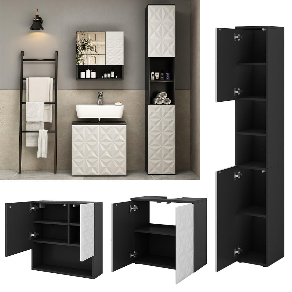 BADMÖBEL-SET Edge Schwarz 3 Teile, mit Hochschrank - Schwarz/Weiß, Holzwerkstoff (60/57/30cm) - Vicco