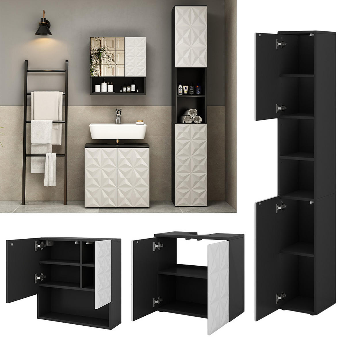 BADMÖBEL-SET Edge Schwarz 3 Teile, mit Hochschrank - Schwarz/Weiß, Holzwerkstoff (60/57/30cm) - Vicco