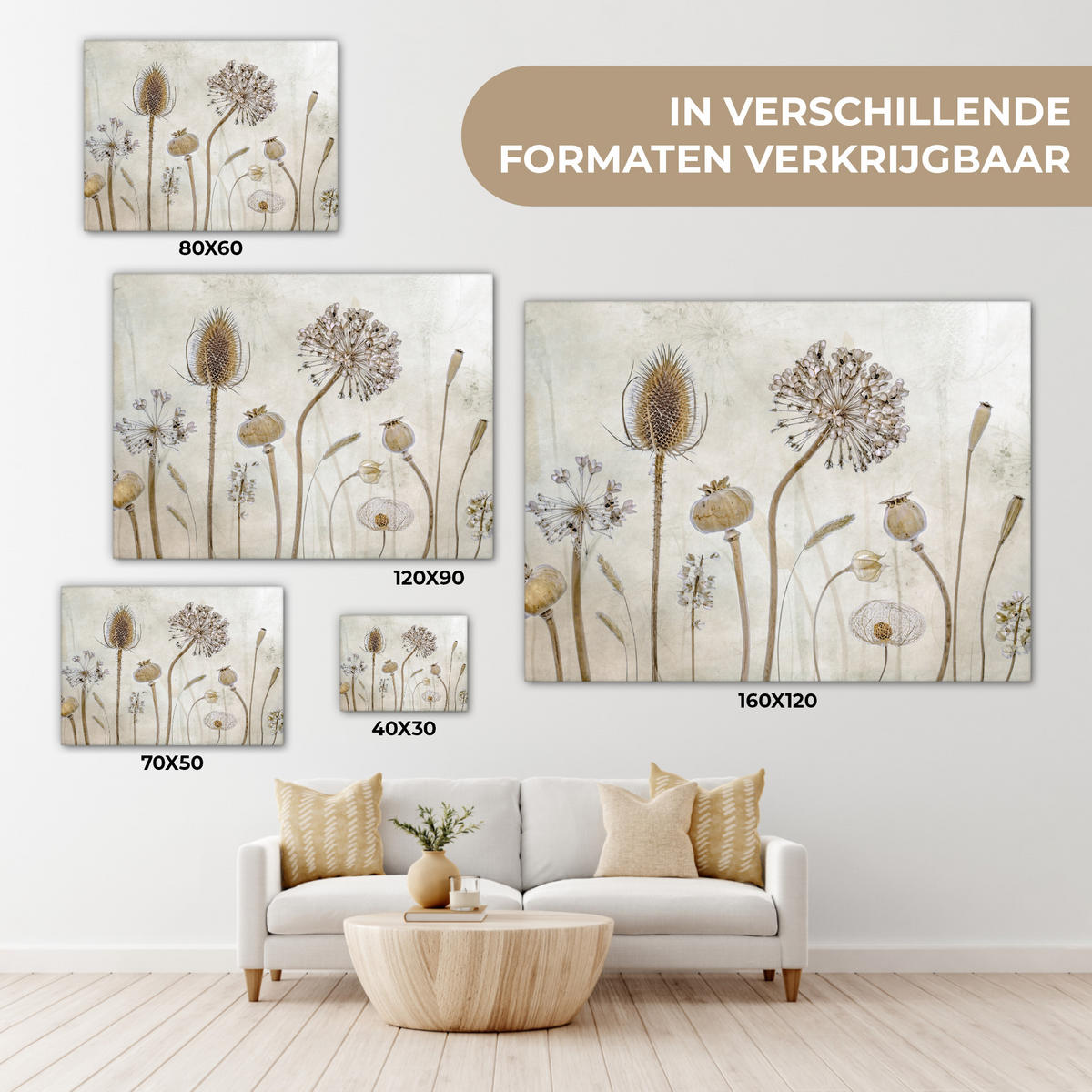 LEINWANDBILD Blumen - Aquarell - Stilleben - Braun - Vintage Wandbild 40x30 cm - Beige, Textil (40/30cm) - MuchoWow