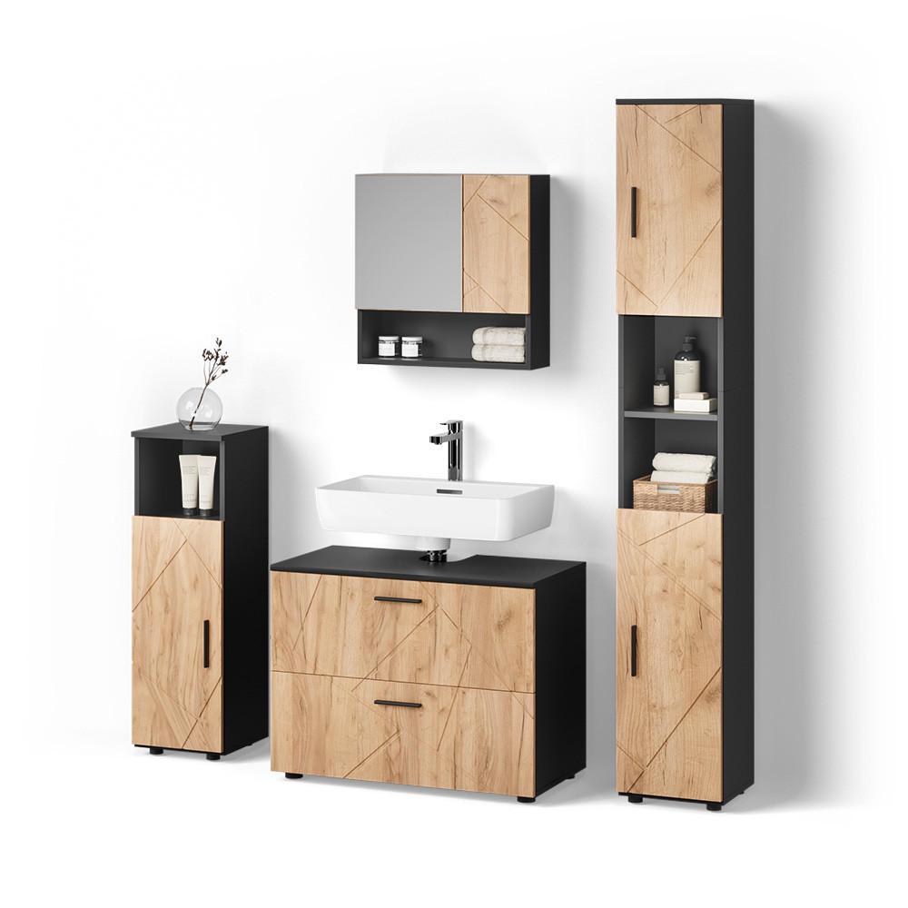 Livinity® SADA NÁBYTKU DO KOUPELNY Ronco, Zlatý mocný dub/Antracit, 4dílná