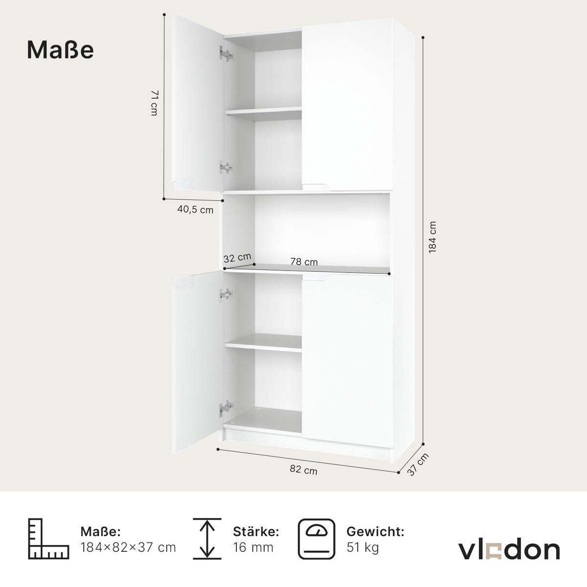 BÜROSCHRANK Logan Fronten in Weiß Hochglanz - Weiß Hochglanz, Holzwerkstoff (82/184/37cm) - Vladon