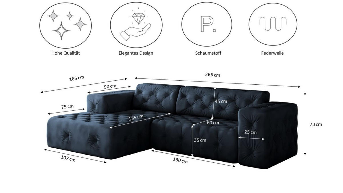 ECKSOFA L-Form Gesteppt LUX Stoff Whisper Links Blau - Blau, Holz/Kunststoff (165/266cm) - Kaiser Möbel
