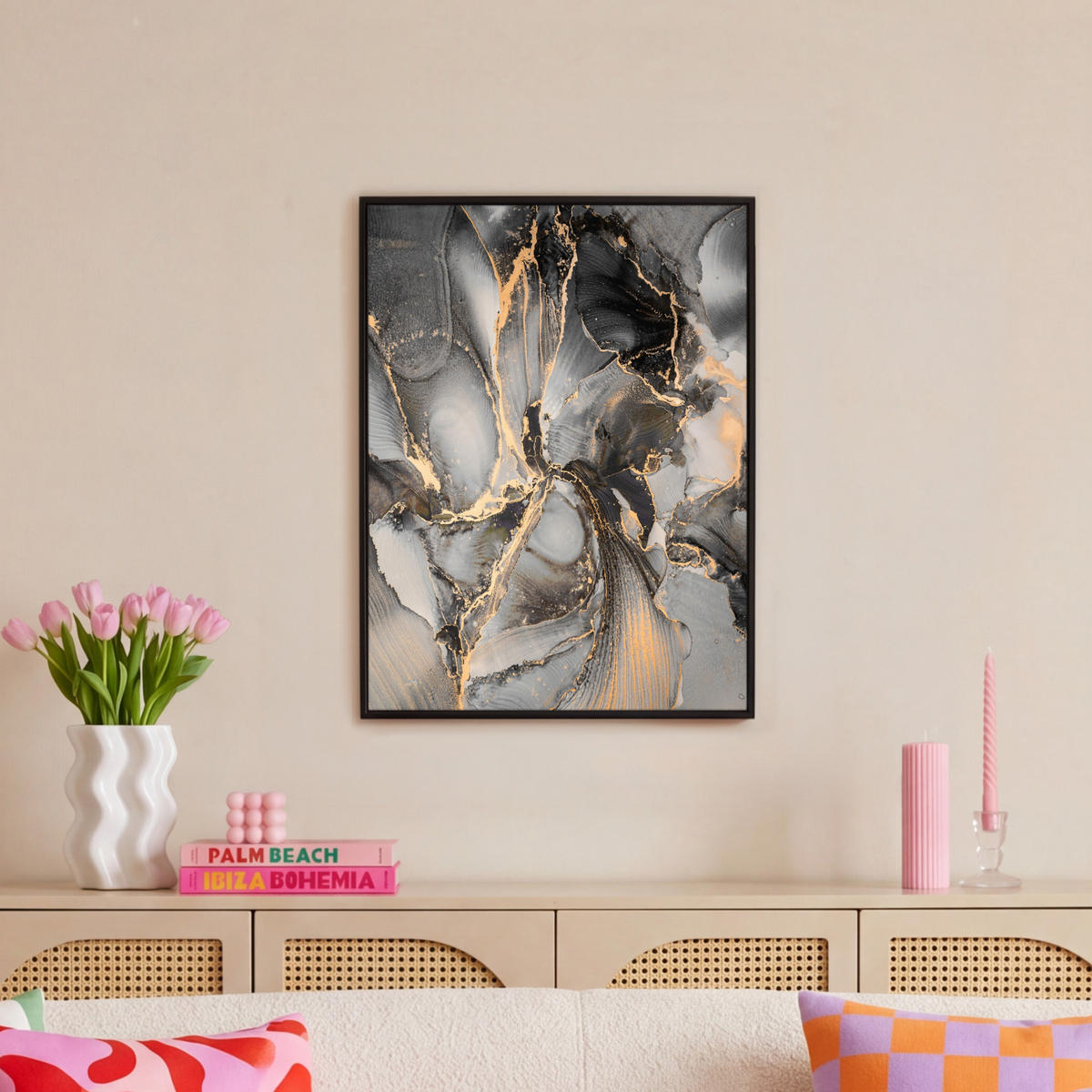 LEINWAND Bilder mit Rahmen - Grau - Luxus - Gold - Marmor - 50x70 - Dunkelgrau, Textil (50/70cm) - MuchoWow