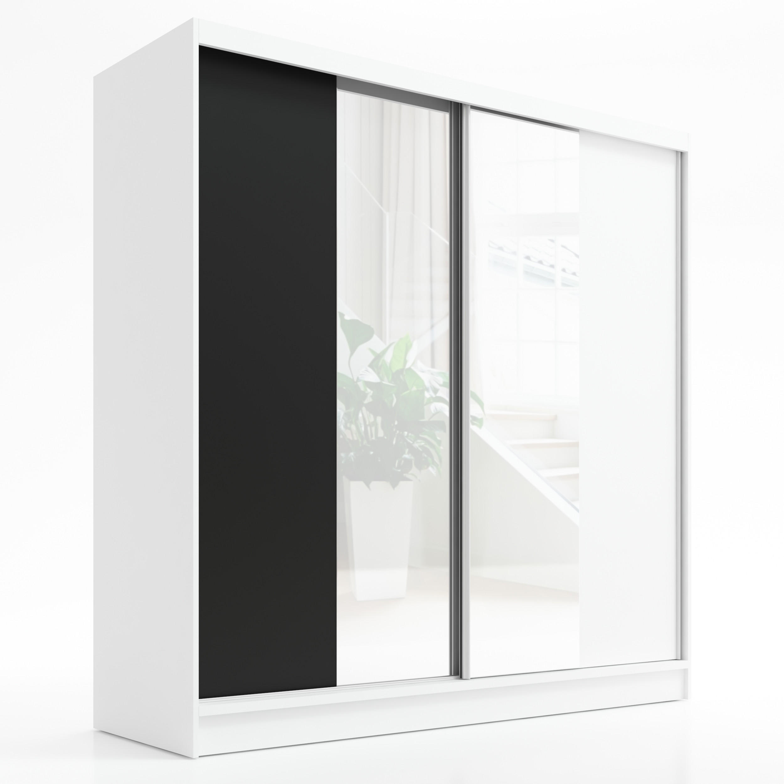 A&J MöbelLand Schwebetürenschrank Weiß, Schwarz, Weiß 200x215x60 cm