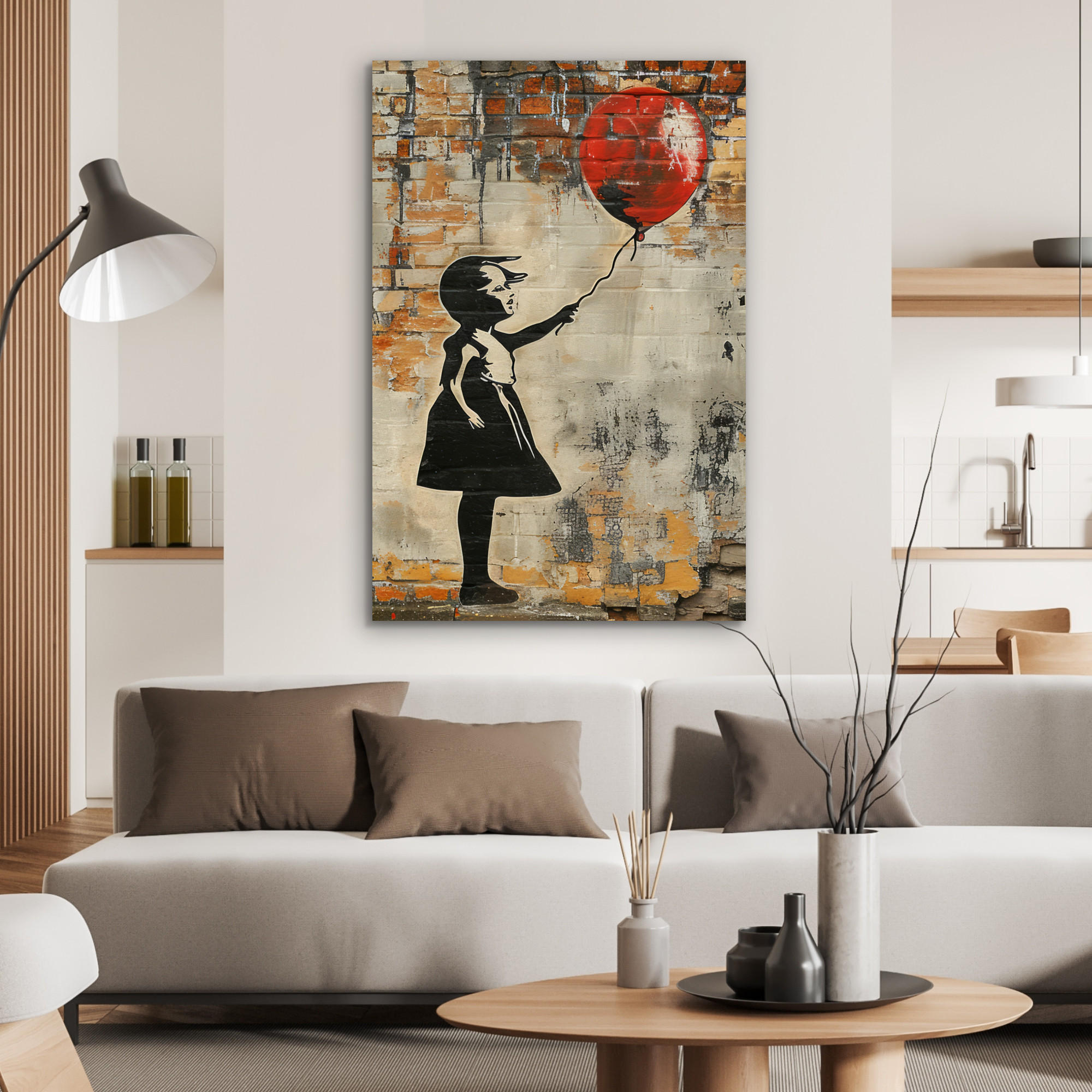 METALLBILD Graffiti - Banksy - Mädchen - Straßenkunst 60x90 cm - Sandfarben, Metall (60/90cm) - MuchoWow