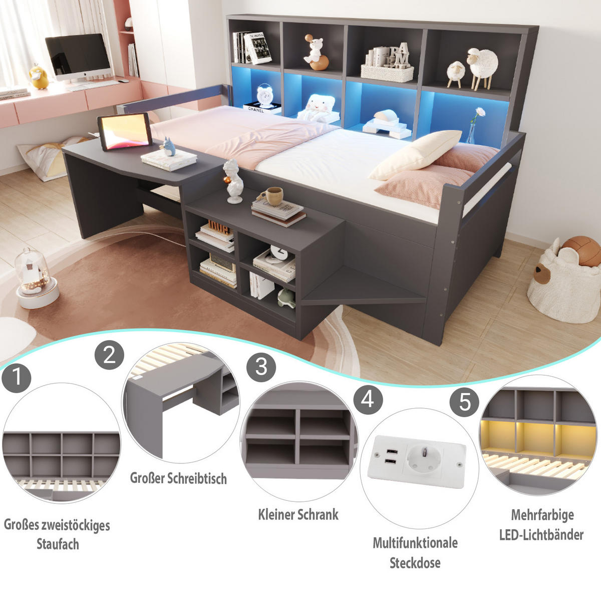 KINDERBETT 90x200cm Massivholz LED Schreibtisch Stauraum Grau - Grau, Holz (90/200cm) - FLIEKS