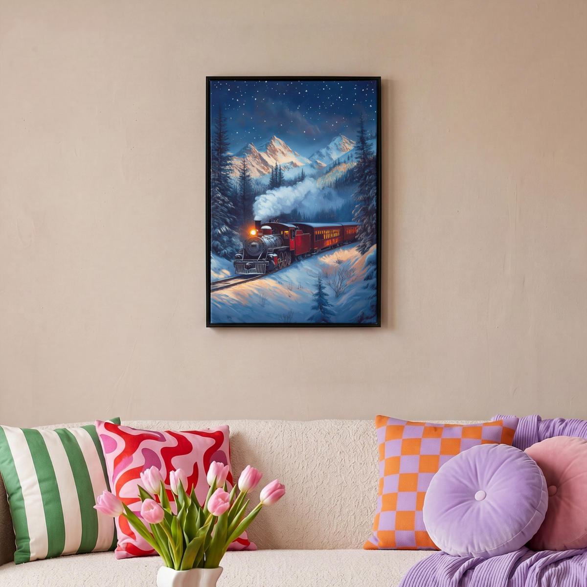 LEINWAND Bilder mit Rahmen - Zug - Weihnachten - Schnee - Weihnachtszug - 40x60 - Anthrazit, Textil (40/60cm) - MuchoWow