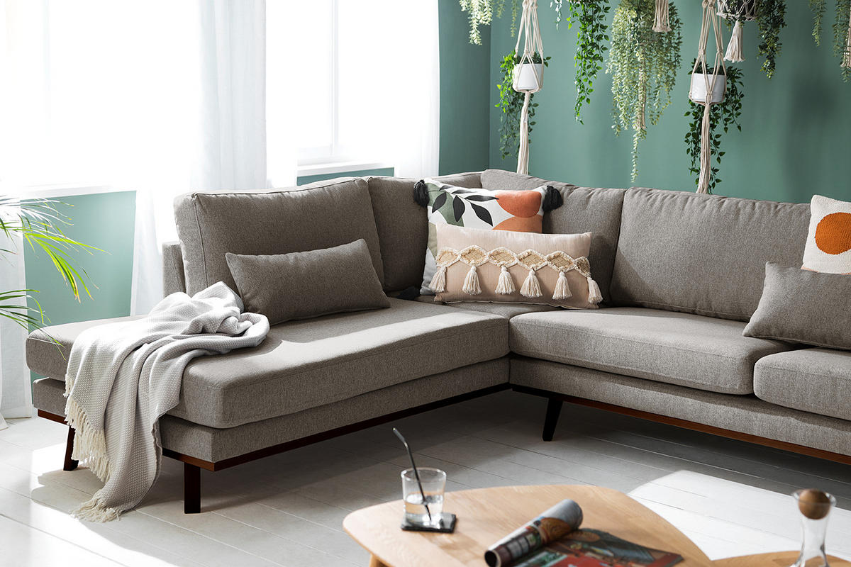 WOHNLANDSCHAFT mit Longchair - Graubraun/Buchefarben, Buchenholz/Textil (371/81/219cm) - home24