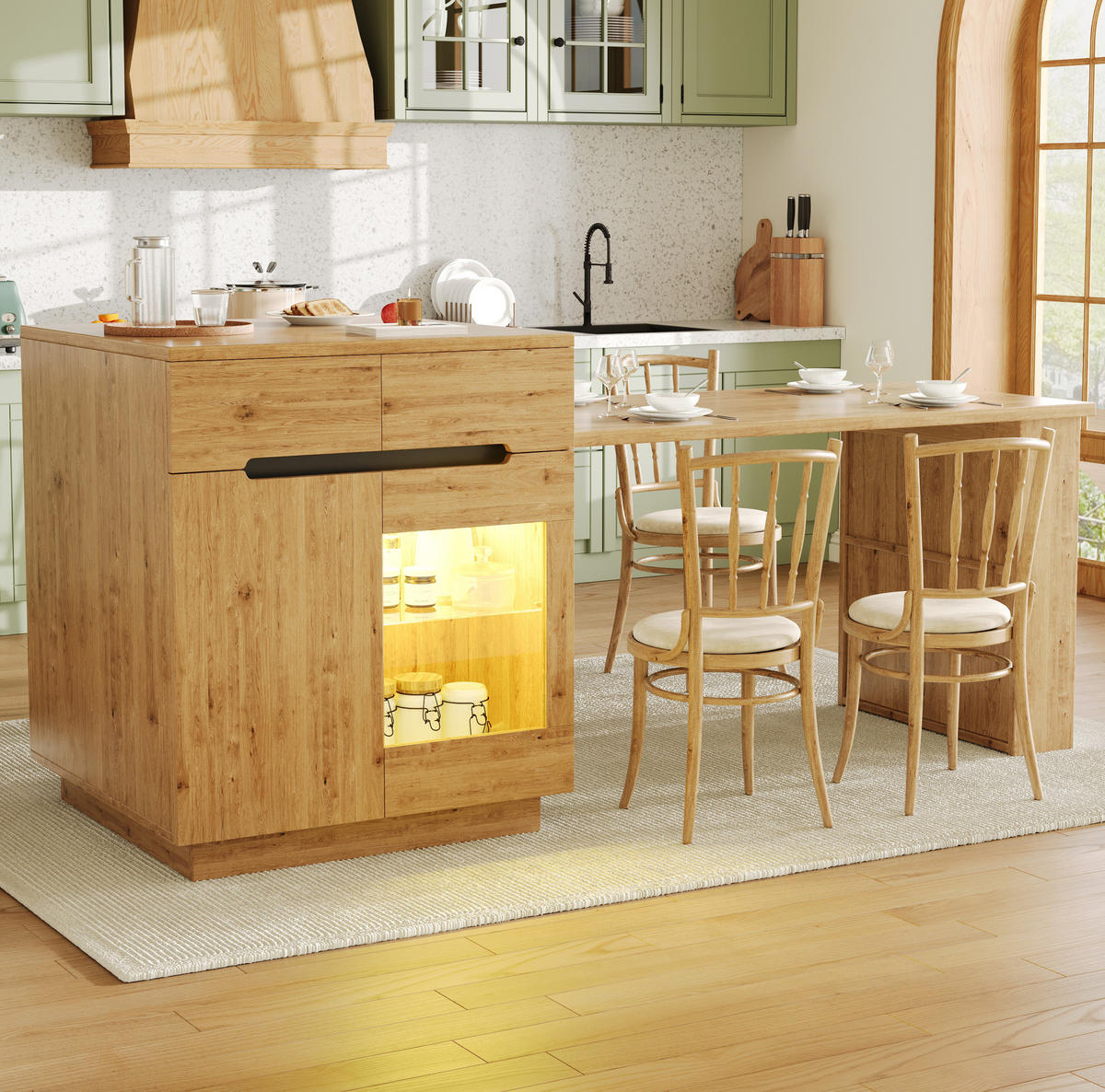 KÜCHENINSEL 122-195/70/93,5 cm Holzoptik mit ausziehbarer Tischplatte und LED aus MDF - Braun, Holzwerkstoff (122/93.5/70cm) - OKWISH