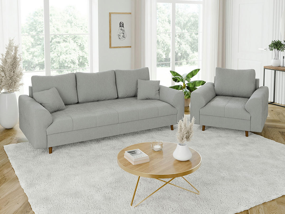 3-SITZER-SOFA Alma Hellgrau Cord - Hellgrau/Braun, Holz/Textil (210/81/93cm) - S-Style Möbel