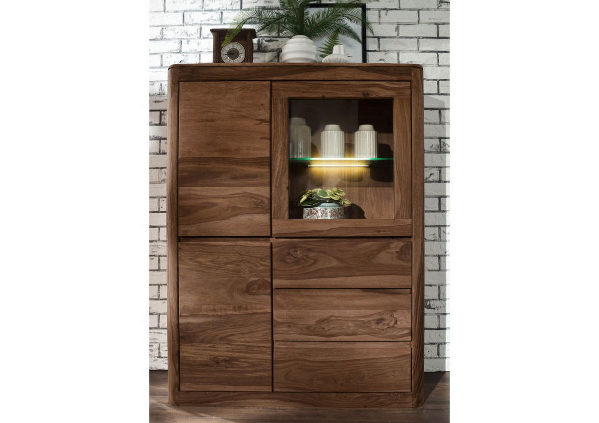 VITRINE Sheesham 109x40x145 rot-braun gebeizt TORONTO #109 - Dunkelbraun, Holz (109/145/40cm) - Massivmoebel24