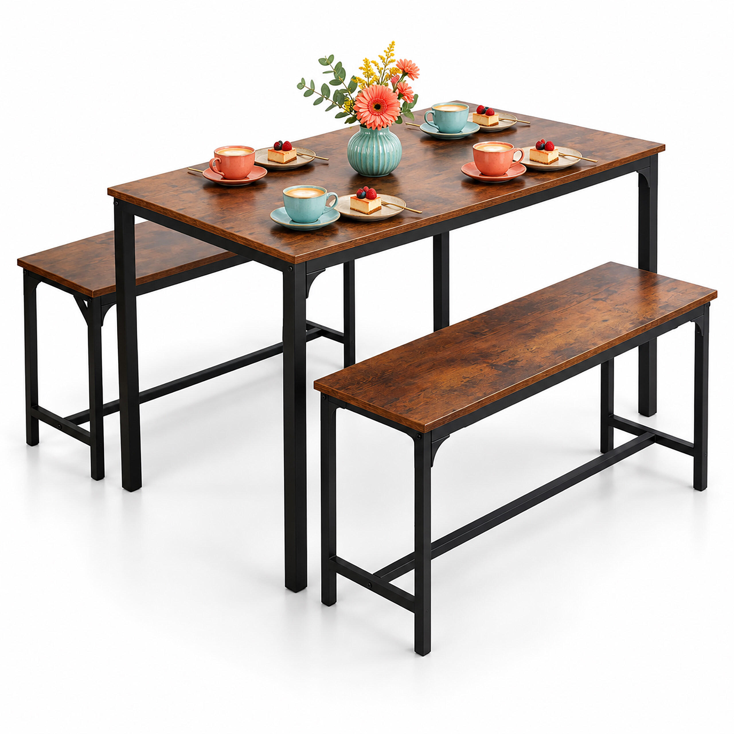 ESSGRUPPE Dunkelbraun 3-teilig Tisch mit 2 Bänken - Dunkelbraun, Holzwerkstoff/Metall (110/76/60cm) - Relaxdays