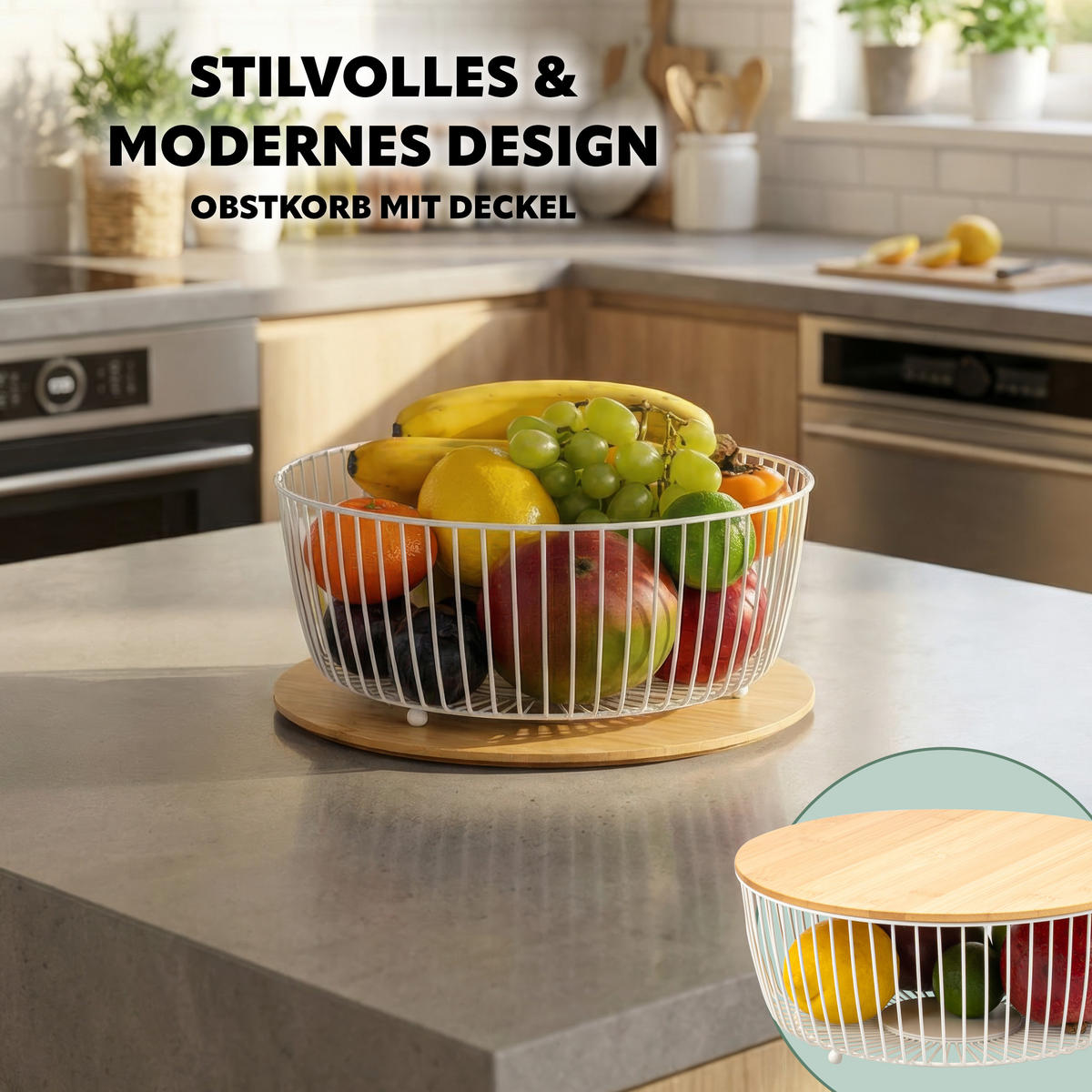 OBSTKORB mit Bambusdeckel, weiß, rund - Weiß, Metall (12.5cm) - eluno