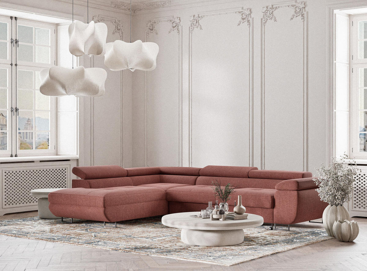 ECKSOFA Concord Korallenfarbe Webstoff - Links Seite - Koralle/Schwarz, Holz/Holzwerkstoff (203/277cm) - Maison de Reve