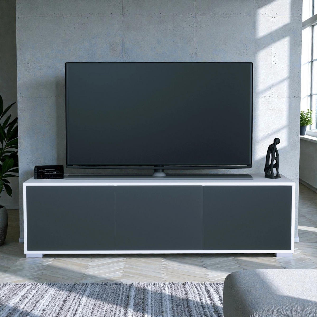 TV-BOARD Elena, Lowboard mit Push-to-Open, Made in Germany, Moderner Fernsehschrank, Weiß matt/Anthrazit matt (152,5 x 43 x 37 cm) - Anthrazit, Holzwerkstoff (152.5/43/37cm) - InnoFurn