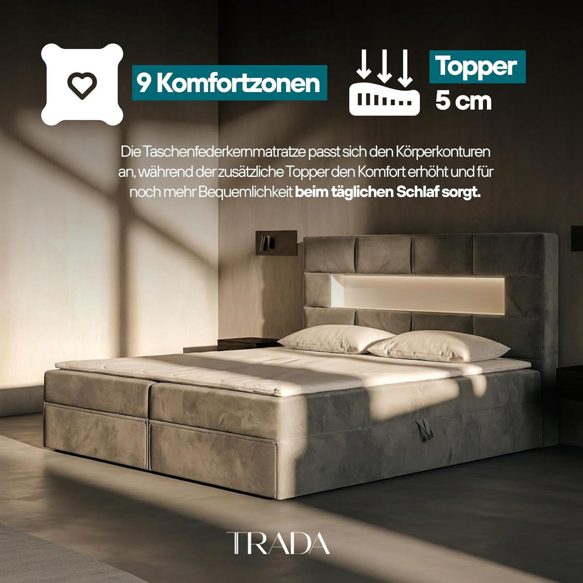 BOXBETT 200 x 200 cm mit Bettkasten und Matratze, LUX, LED Beleuchtung, Bücherregal und 2x USB, Grau - Grau, Holzwerkstoff/Kunststoff (200/200cm) - Trada