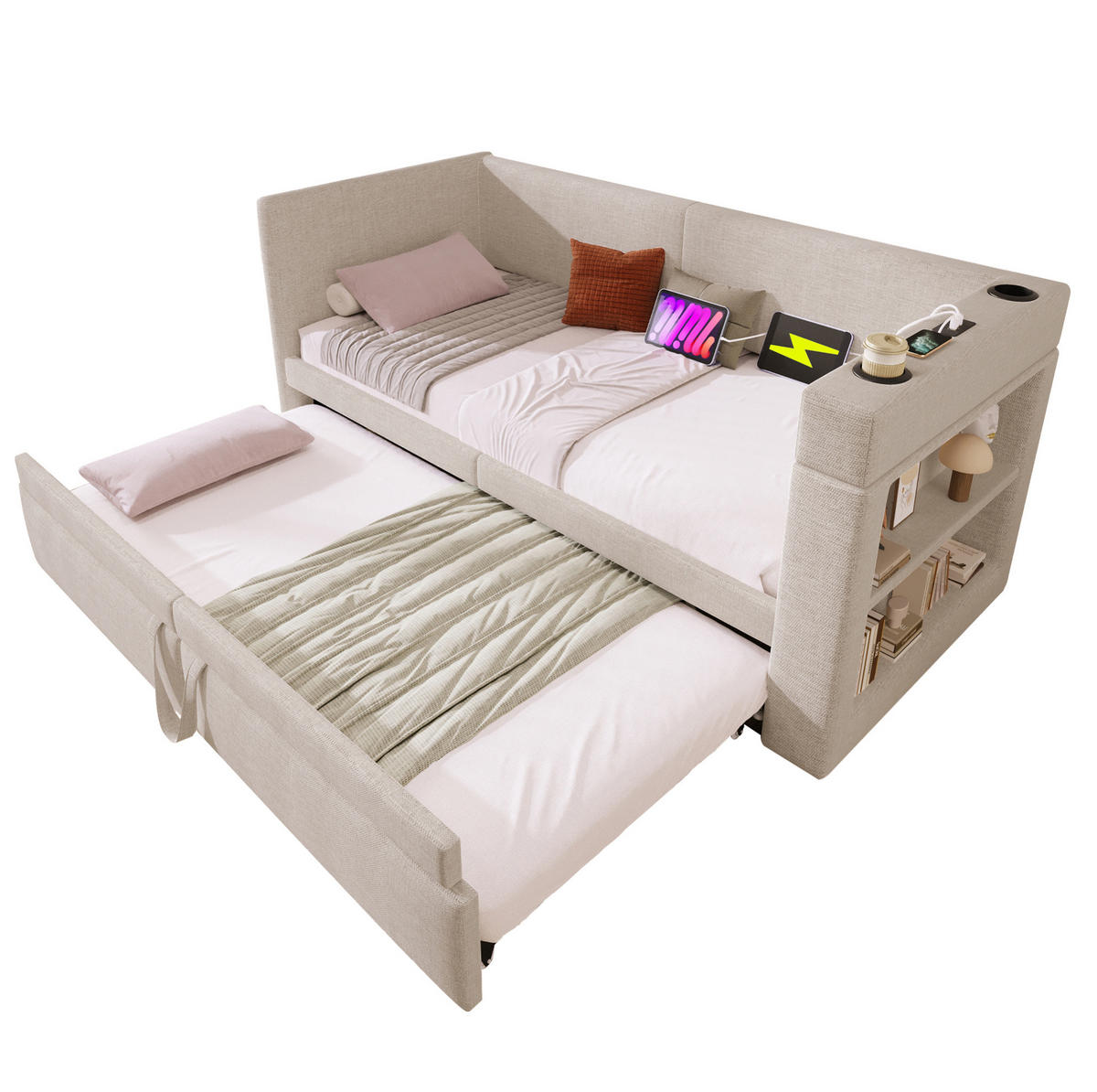 POLSTERBETT 90/180x200 cm Beige mit USB- und Type-C-Anschlüssen - Beige, Textil (90/200cm) - Flora Grace