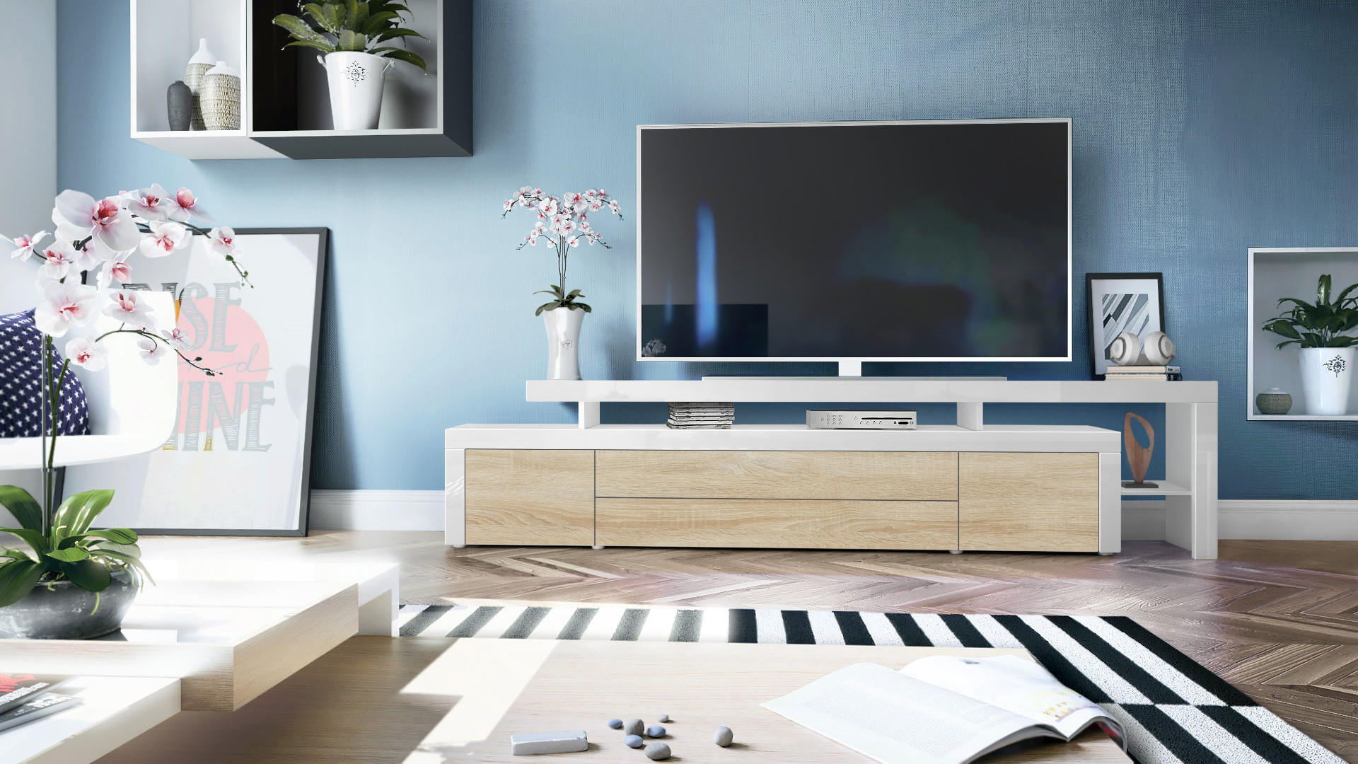 LOWBOARD Leon Eiche sägerau / Weiß Hochglanz - Eiche San Remo, Holzwerkstoff (227/52/35cm) - Vladon