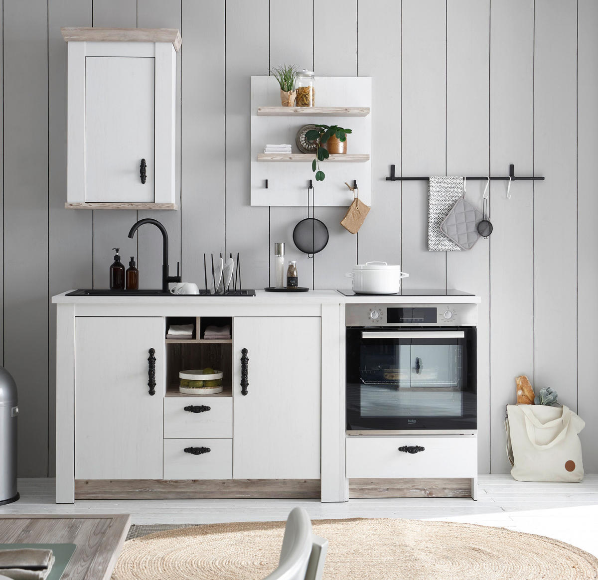 HÄNGESCHRANK weiß Pinie Landhaus, Küchenschrank hängend 55 x 85 cm, Soft-Close - Schwarz/Weiß, Holzwerkstoff/Metall (55/85/34cm) - Furn.Design