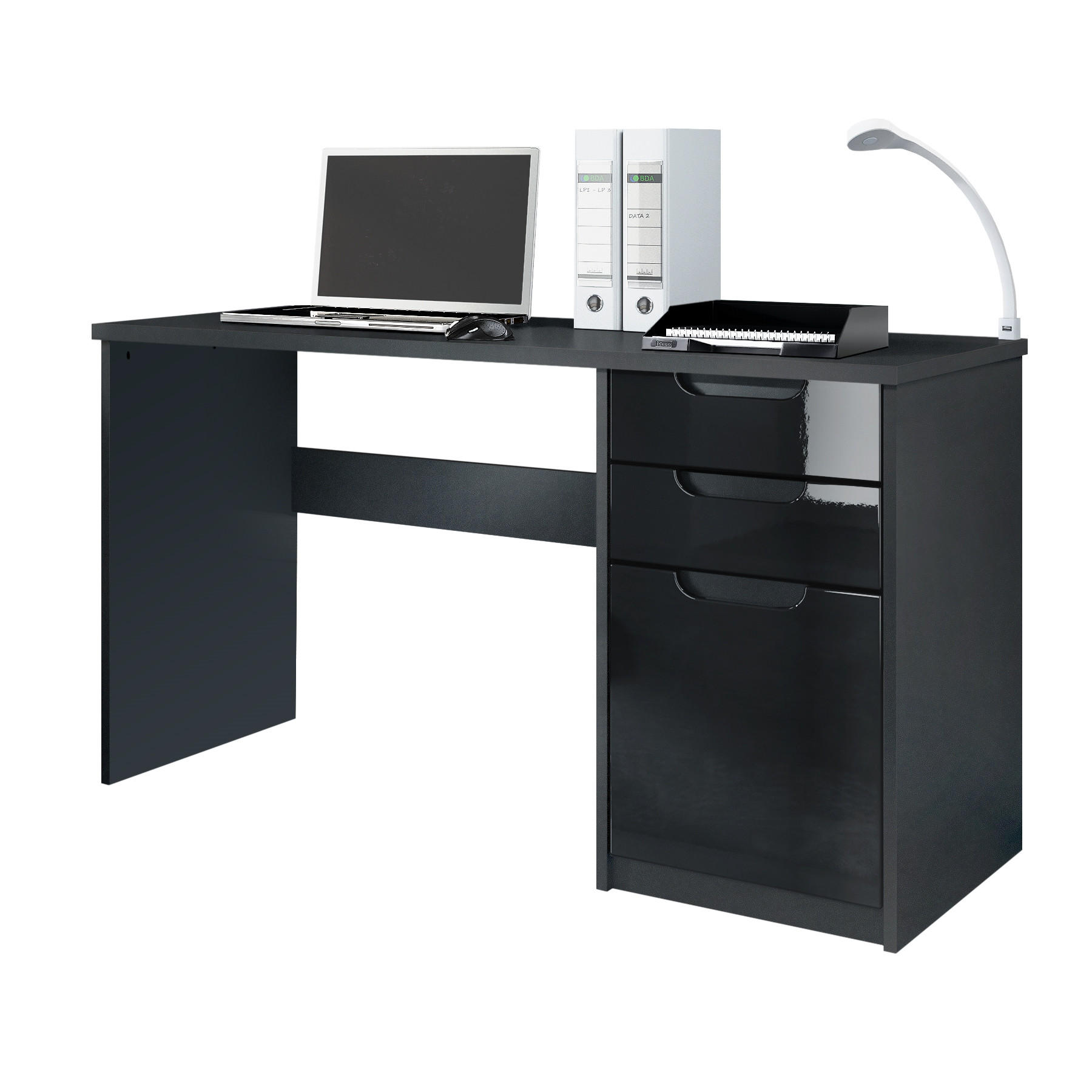 SCHREIBTISCH Logan Fronten in Schwarz Hochglanz - Schwarz Hochglanz, Holzwerkstoff (60/129/76cm) - Vladon