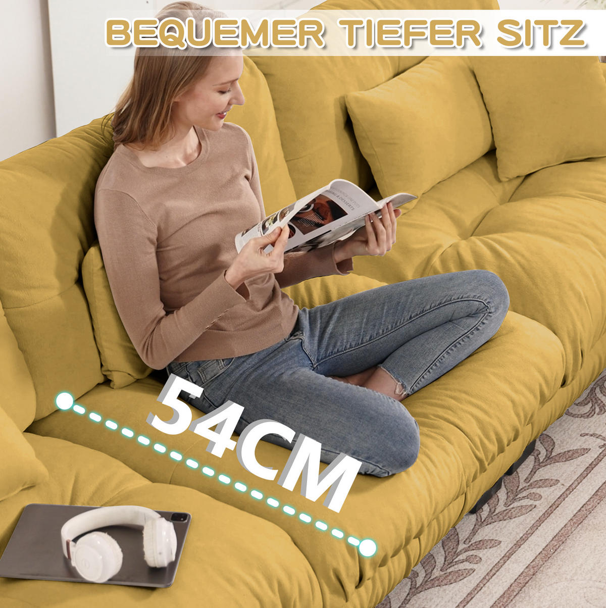 ECKSOFA 313/145/81 cm ggelb aus Chenille modular mit Ottomane und Tiefsitz - Gelb, Textil (145/313cm) - OKWISH