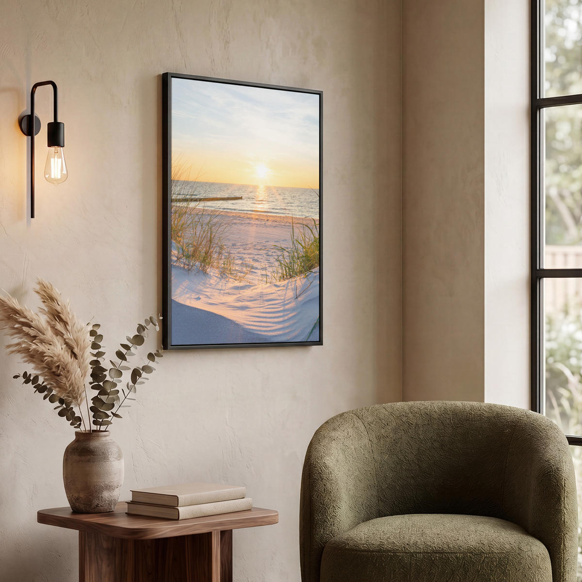 LEINWAND Bilder mit Rahmen - Strand - Sonne - Düne - Gras - Sand - Horizont - 50x70 - Hellblau, Textil (50/70cm) - MuchoWow