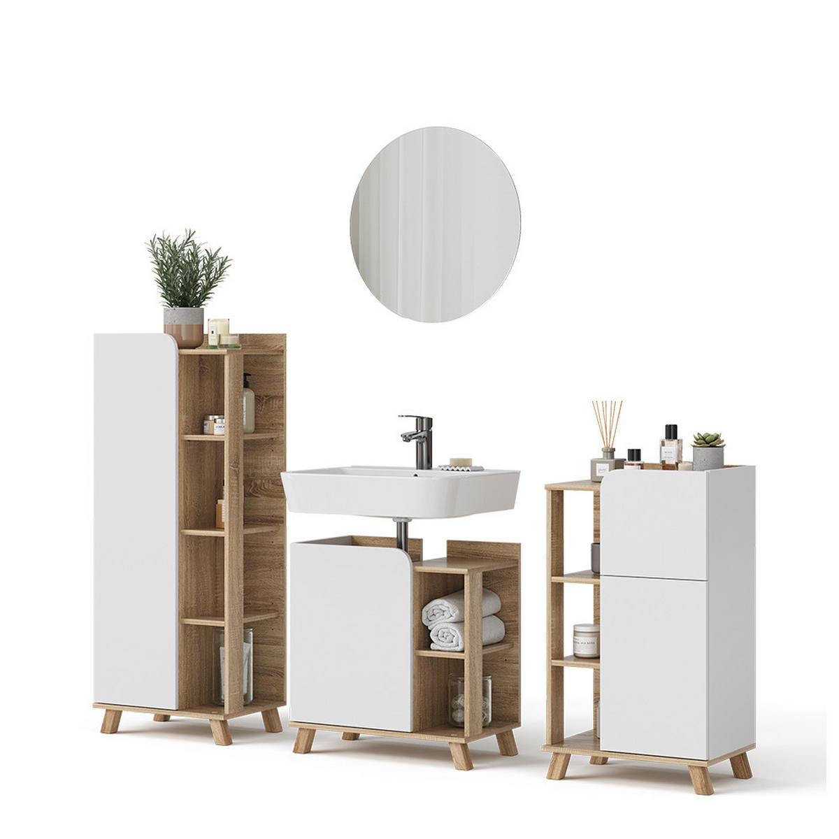 BADMÖBEL-SET Karen Sonoma/Weiß 4 Teile - Weiß/Sonoma Eiche, Holzwerkstoff (60/65/35cm) - Vicco