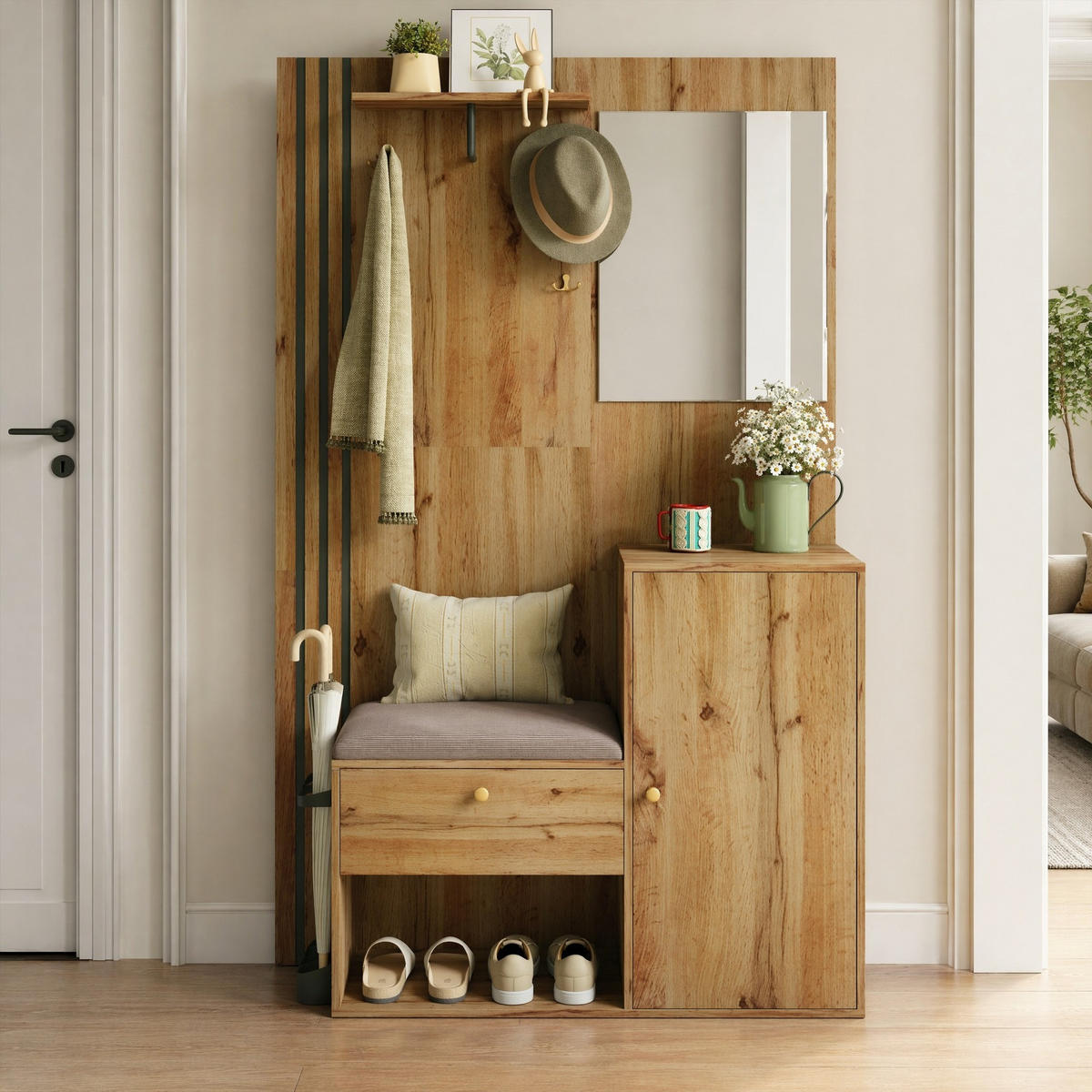 GARDEROBE-SET in Naturfarben Garderobenschrank mit Spiegel und Kissen für Eingangsbereich und Flur, B115/T37/H185 cm - Naturfarben, Glas/Holzwerkstoff (115/185/37cm) - STILVORA