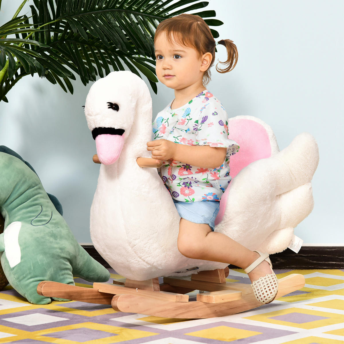 SCHAUKELPFERD DE-18240 Schwan, mit Musikfunktion Weiß & Rosa - Weiß, Textil (40/57/60cm) - ComfortXL