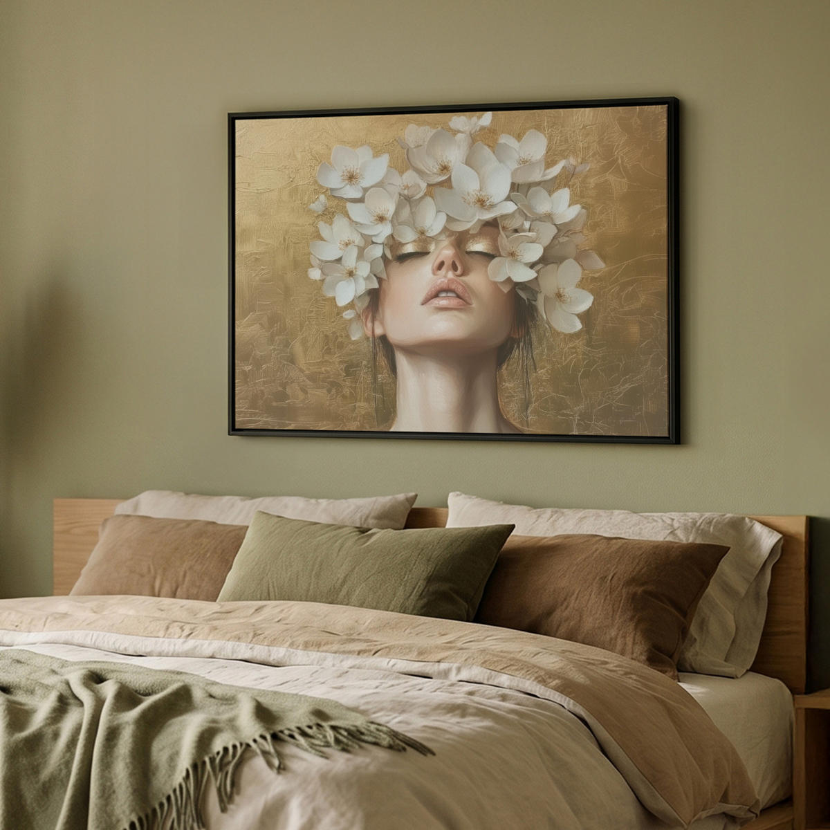 LEINWAND Bilder mit Rahmen - Gesicht - Blumen - Gold - Abstrakt - 100x70 - Goldfarben, Textil (100/70cm) - MuchoWow