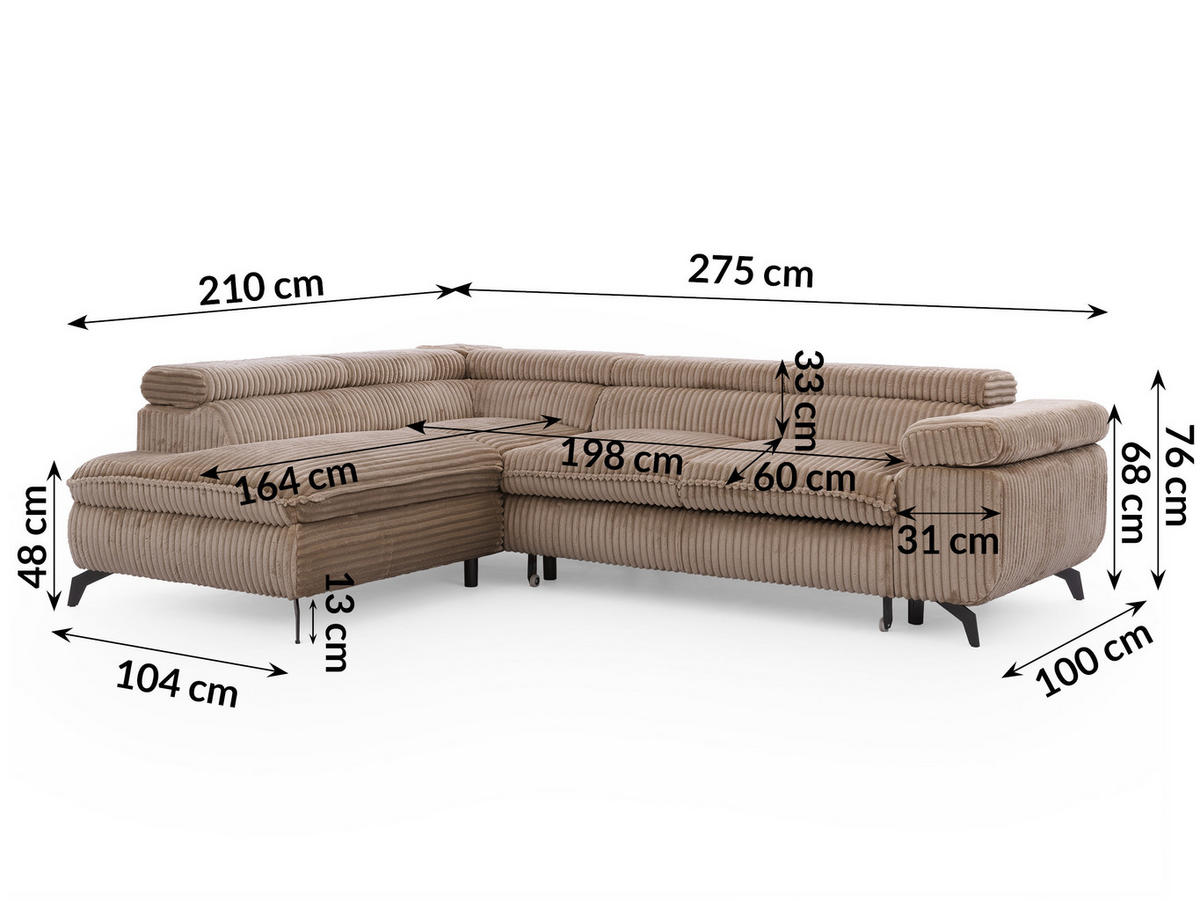 ECKSOFA mit Schlaffunktion und Bettkasten Bonnie aus Beige Cord-Stoff mit verstellbaren Kopfstützen und Armlehne - Ottomane links - Ecru/Beige, Holz/Textil (275/210cm) - S-Style Möbel