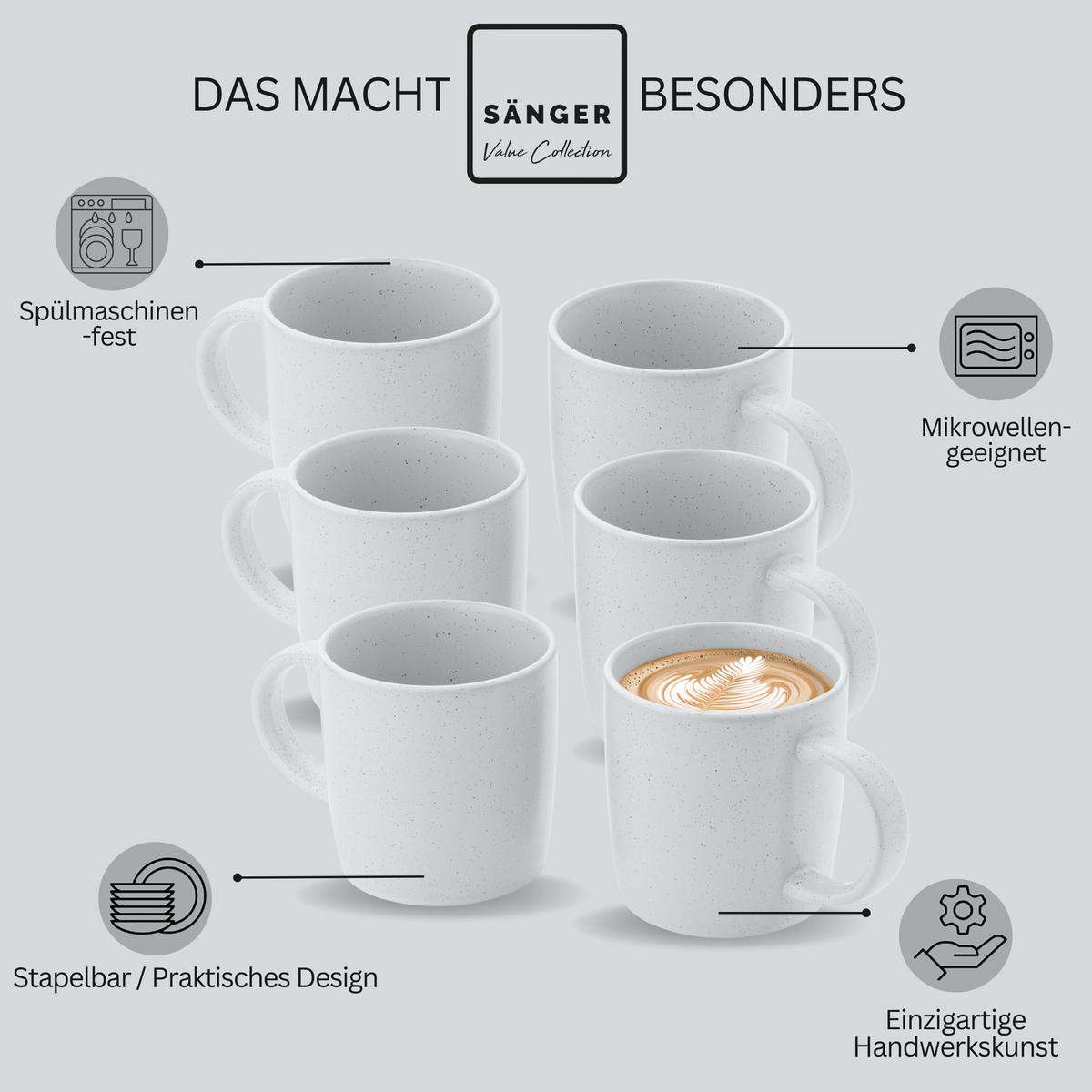 KAFFEEBECHER LEEDS FROST - 6 teilig aus Steingut - Weiß, Stein (0.38L) - Sänger