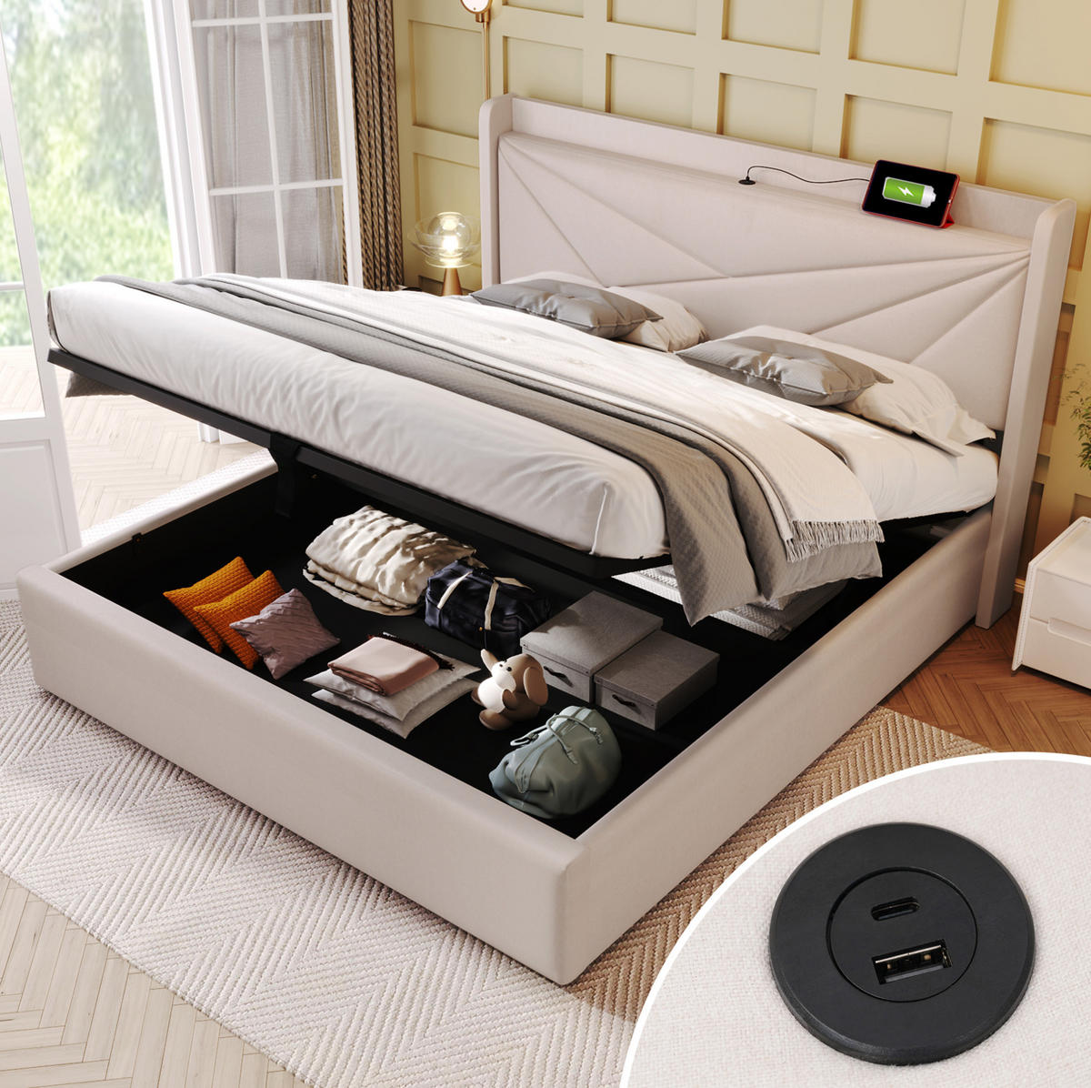 POLSTERBETT 180/200 cm mit Bettkasten & USB/Typ-C-Ladefunktion, geometrisches Kopfteil, Beige - Beige, Textil (180/200cm) - Redom