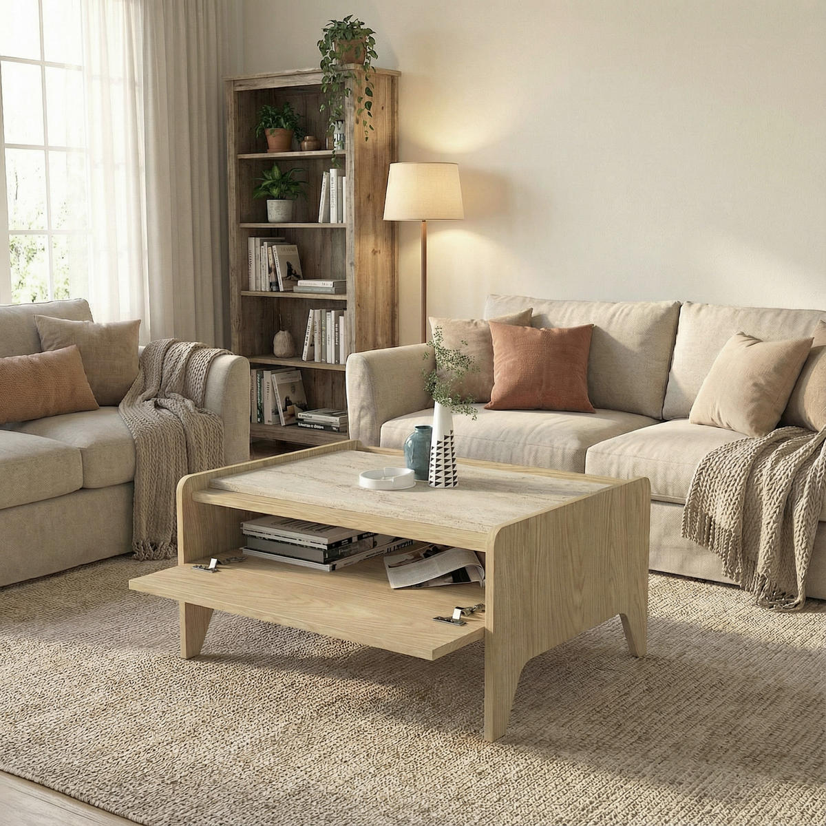 MOEBEL17 Couchtisch – Moderner Couchtisch mit Ablage – Wohnzimmertisch Design – Sofatisch – Minimalistischer Tisch Wohnzimmer – Rechteckiger Couchtisc - Naturfarben, Holzwerkstoff (60/77/38cm)