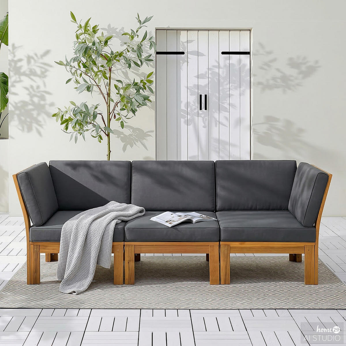 LOUNGESESSEL - Webstoff / Akazie massiv - Anthrazit, Holz/Textil (60/73/71cm) - home24